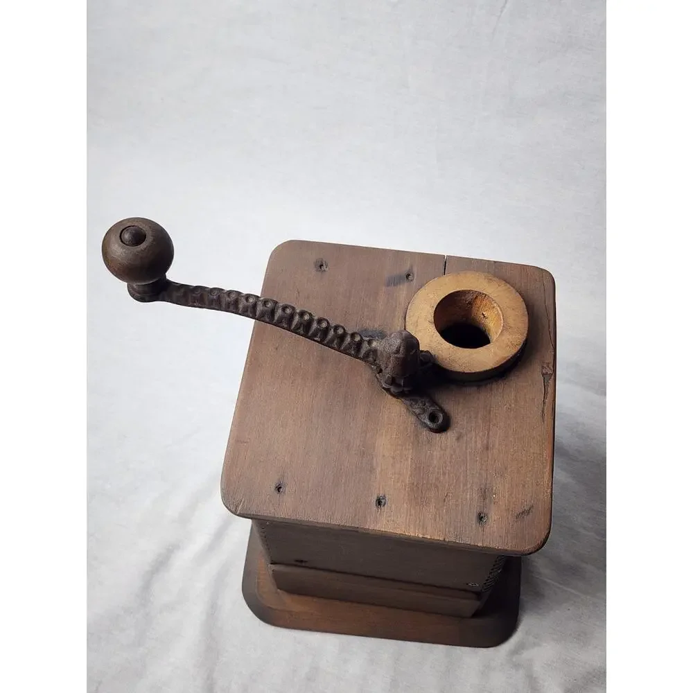 Vintage Wood Coffee Grinder Cast Iron Dovetailed Hand Crank Antique Flour Mill